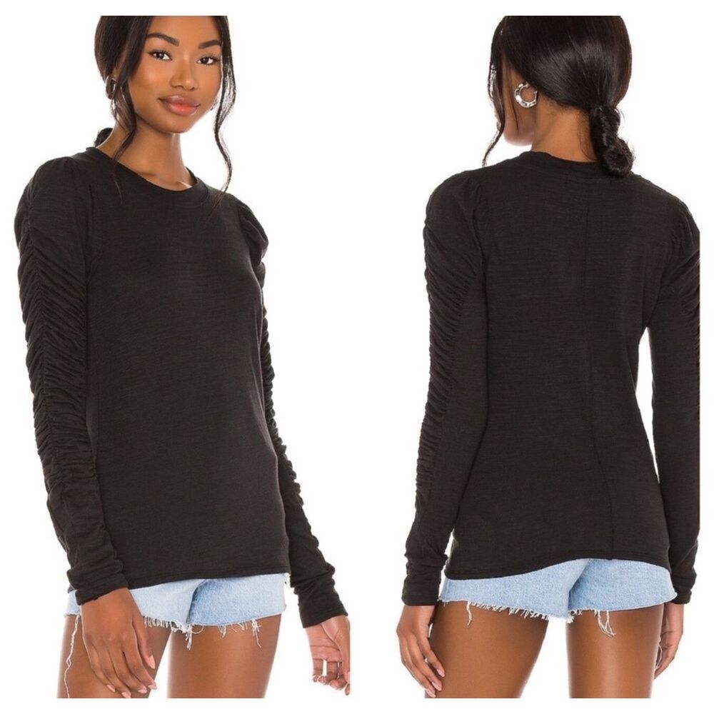 FREE PEOPLE We The Free Natasha Ruffle Sleeve Charcoal Gray Tee, Sz M